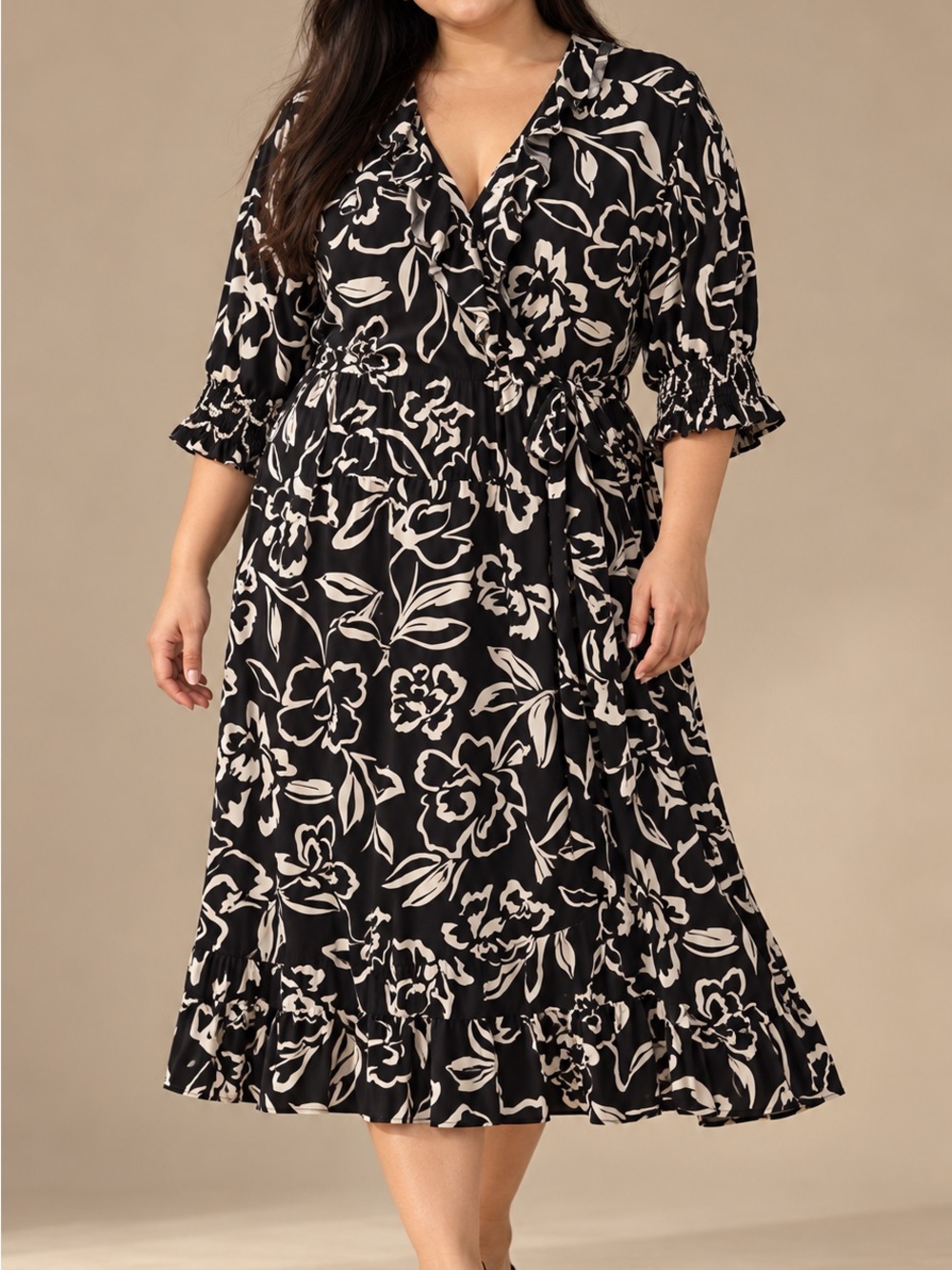 Cato Black & Ivory Floral Ruffle Midi Dress | 22/24W